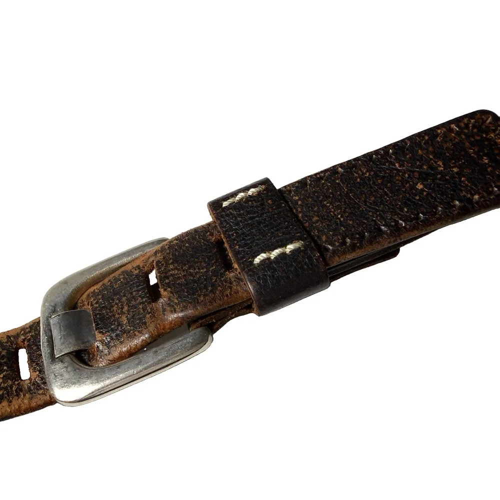 Vintage Men Thick Leather Belt German Militia Style Black Brown Distressed XL 44